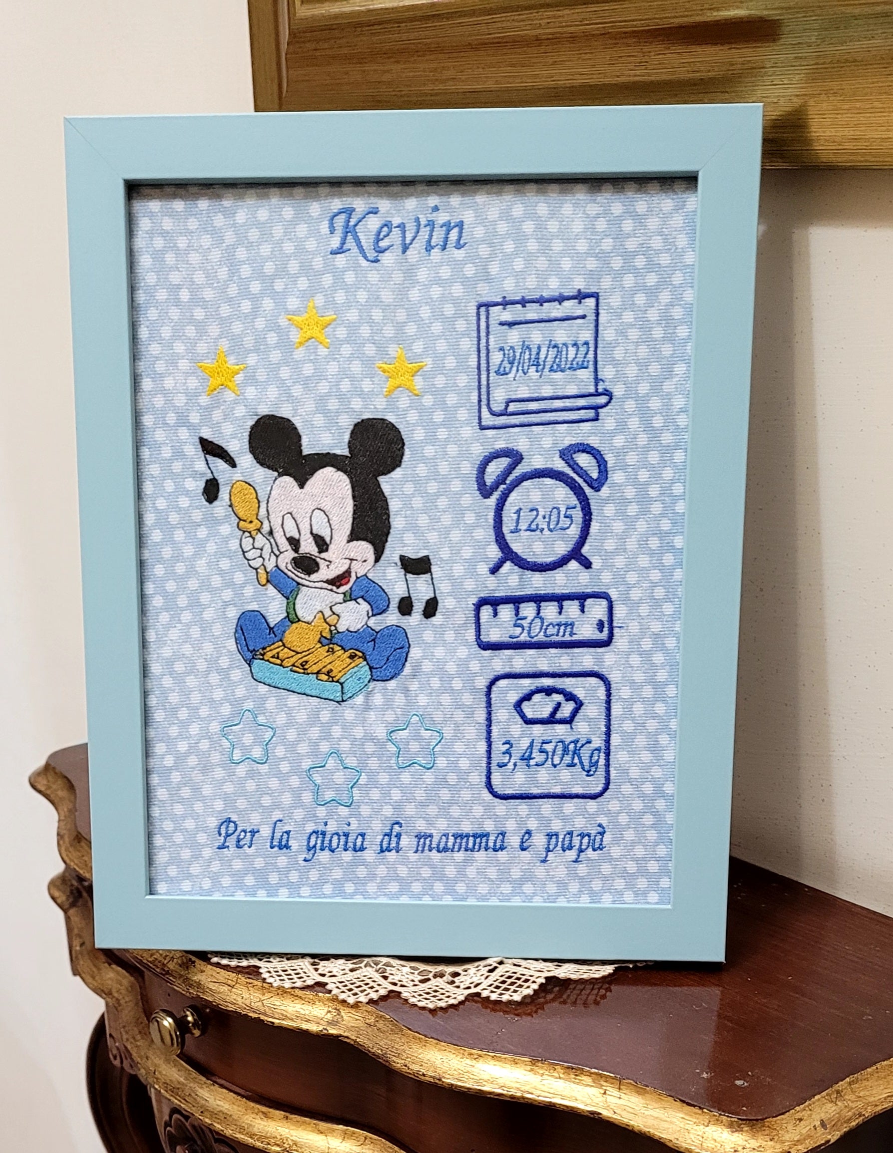 Handmade Birth Picture Embroidered on Customizable Fabric!