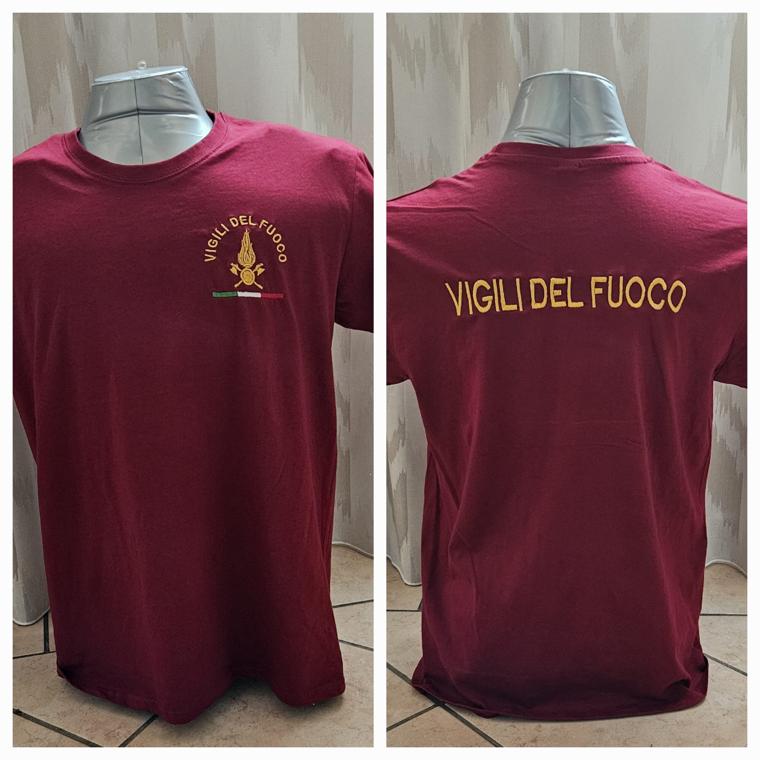 T-Shirt Maglie Vigili del Fuoco VDF Ricamata Personalizzabile Bordeaux