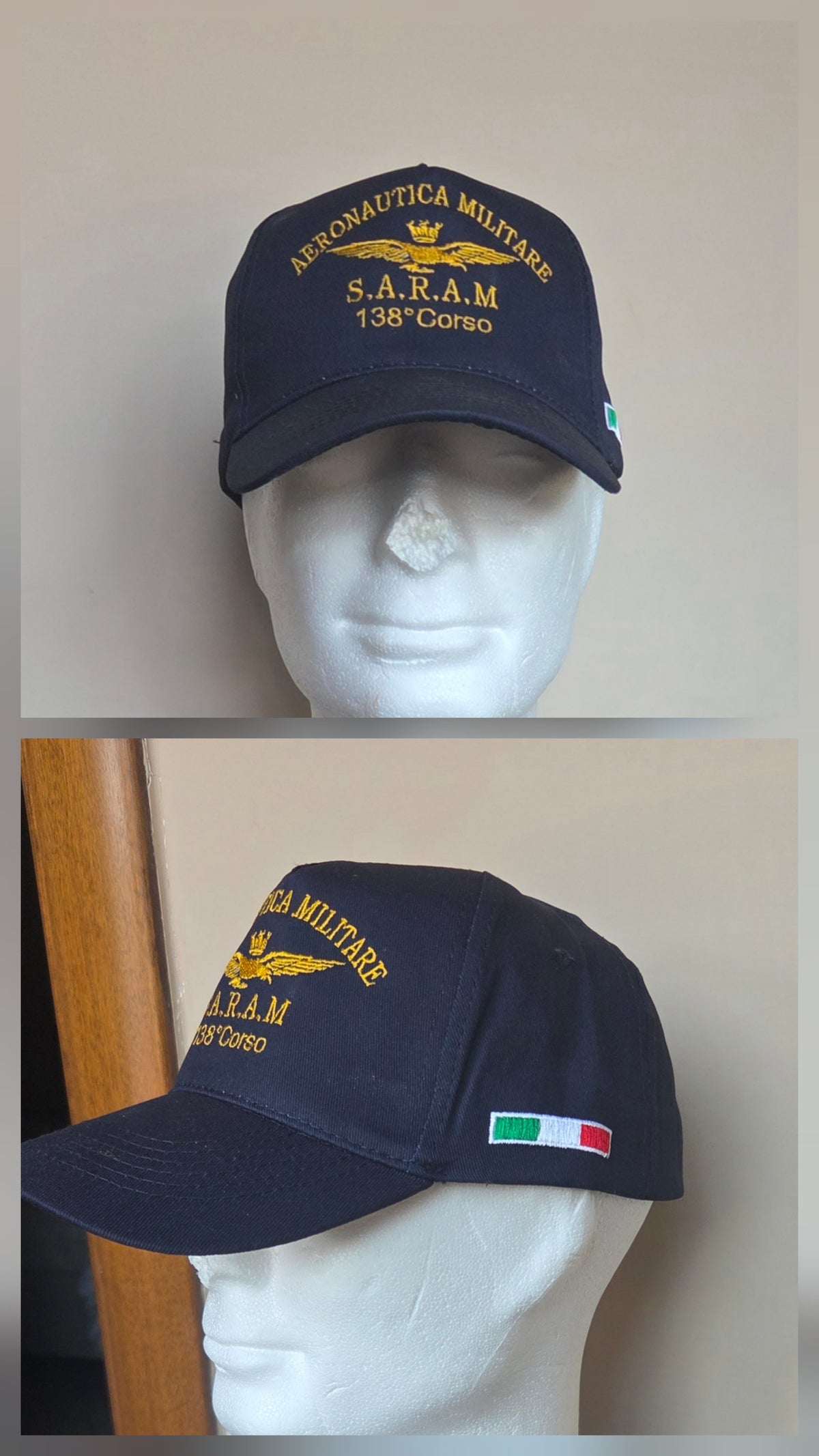 Aeronautica Militare SARAM Con scritta personalizzata Berretto Cappello Tricolore Ricamato Colore Blu/Scuro