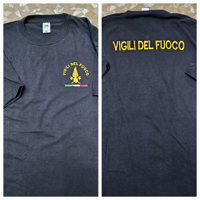 T-Shirt Maglie Vigili del Fuoco VDF Logo+Scritta Ricamata Personalizzabile Colore Nero