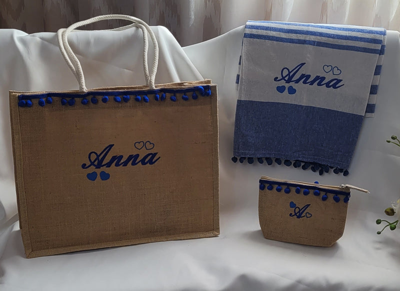 Bolsa de playa bordada personalizable + toalla + clutch 