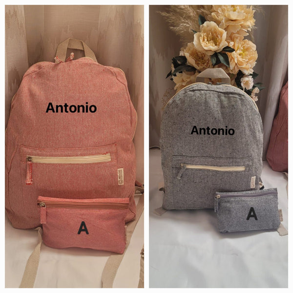 Cotton backpack in mélange finish + matching personalized embroidered clutch bag