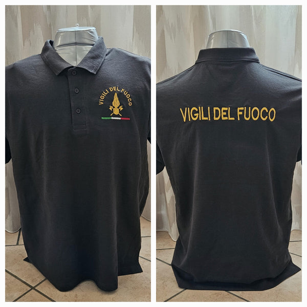 Polo de bomberos con logotipo VDF y texto bordado personalizable en plomo/oscuro