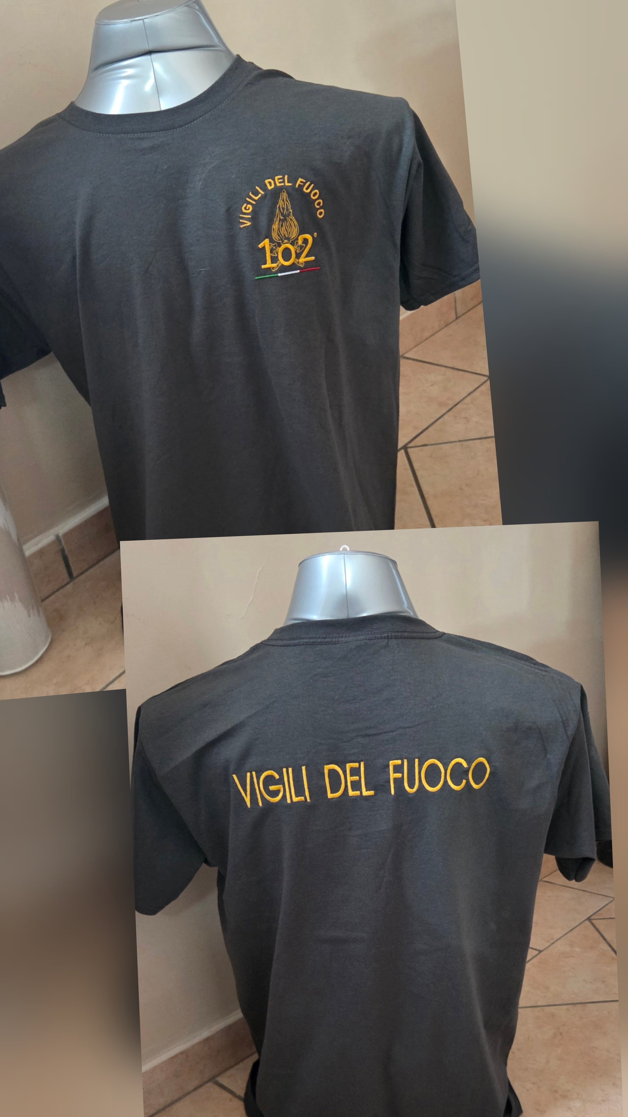T-Shirt Maglia Vigili del Fuoco VDF 102° Corso Logo+Scritta Ricamata Grigio/Scuro