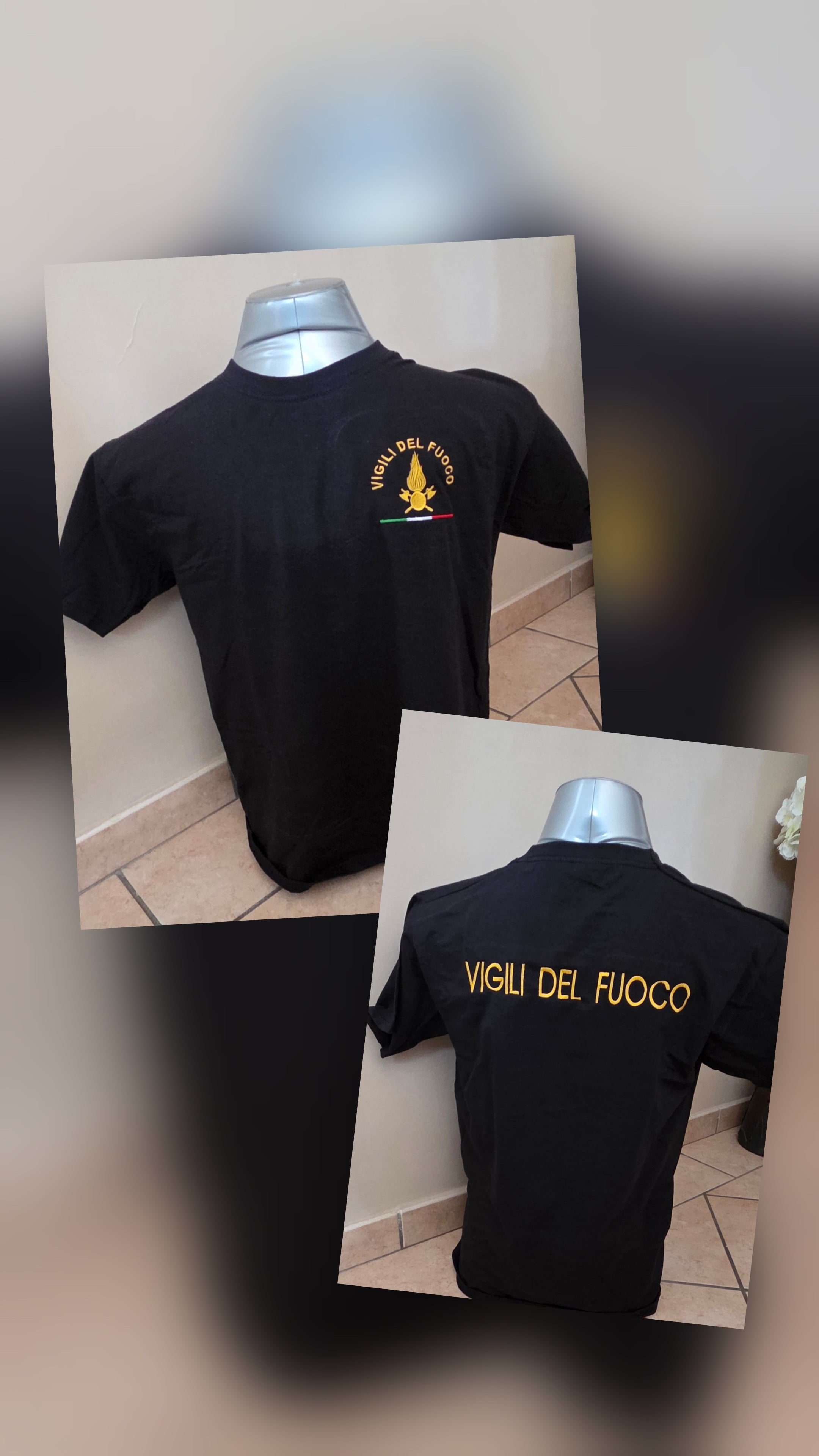 T-Shirt Maglie Vigili del Fuoco VDF Logo+Scritta Ricamata Personalizzabile Colore Nero