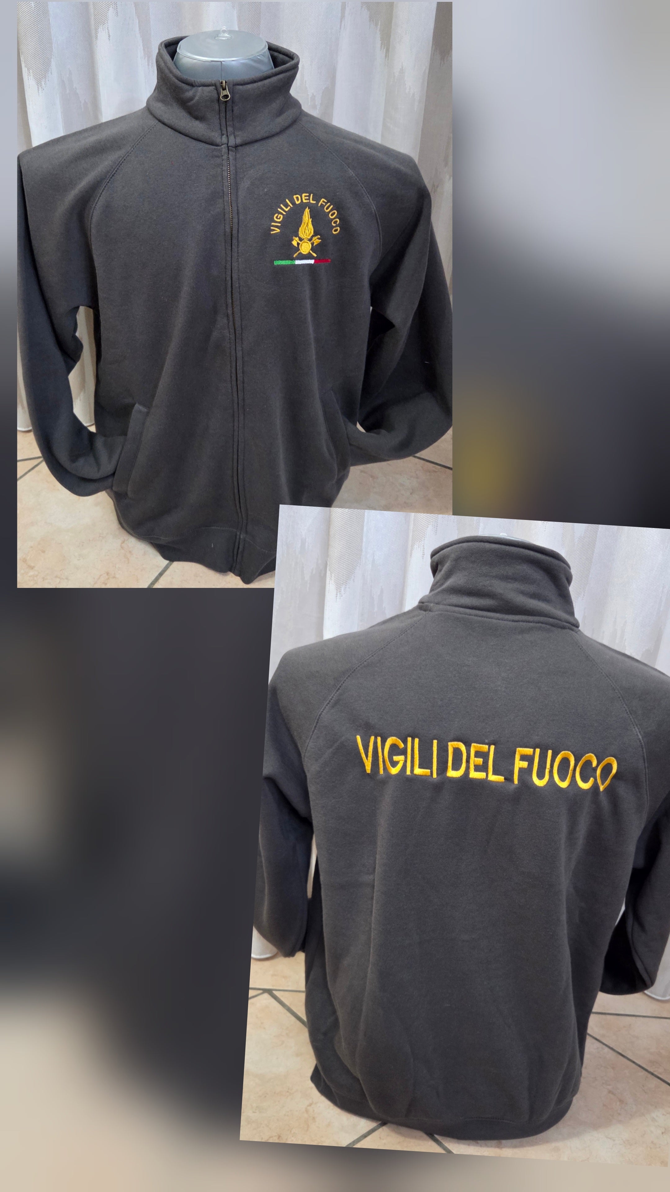 Vigili del Fuoco VDF Felpa Zip Intera Premium Sweat Ricamata Colore Grigio/Scuro